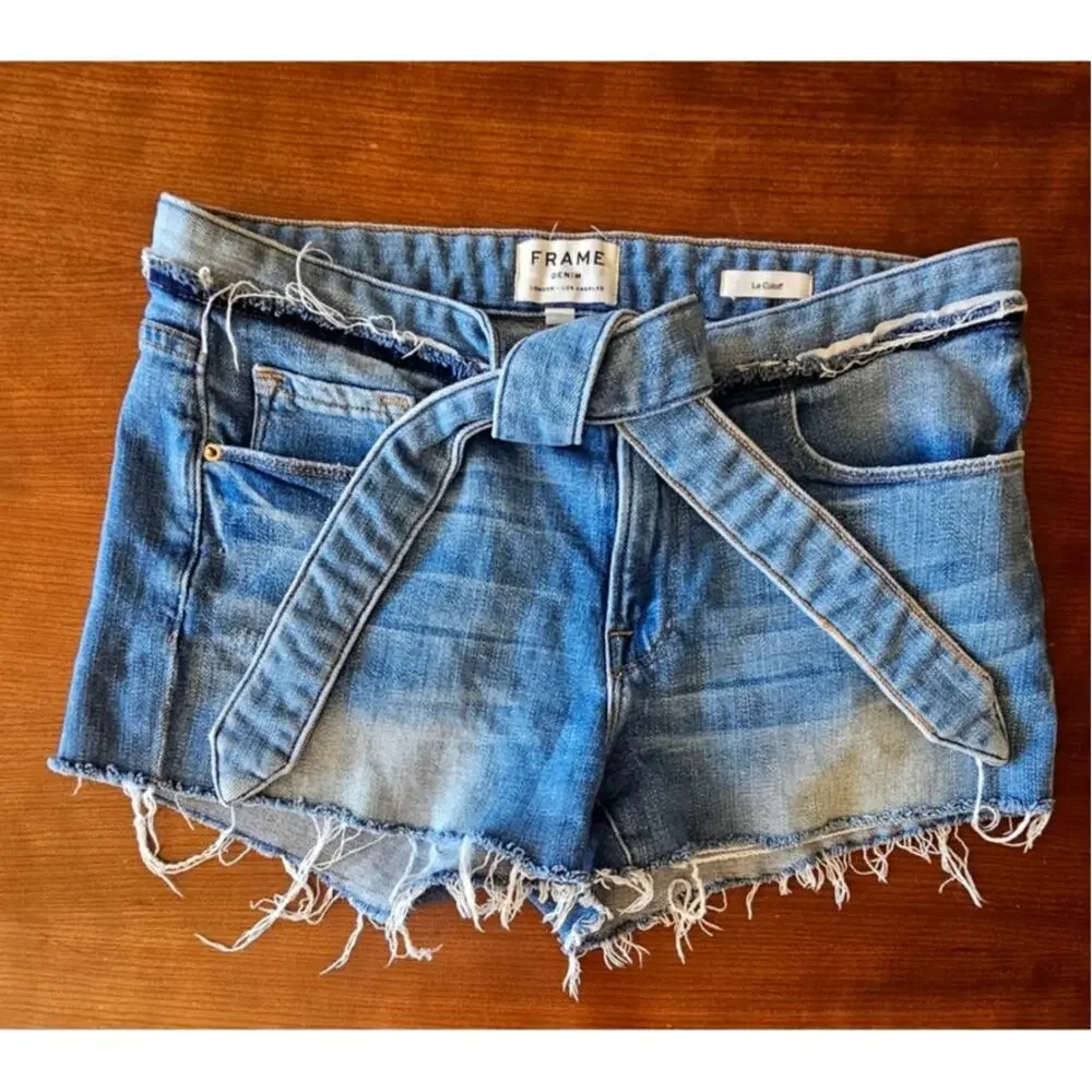 FRAME Jean Shorts Le Cutoff Tie-Waist, Denim, Released Edges, Mid Rise Sz 27 - Picture 3 of 9